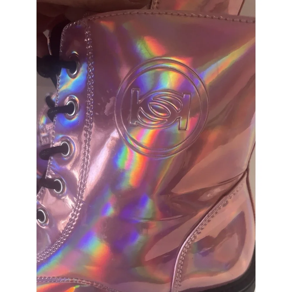 Bebe Girl's Pink Metallic Combat Ankle Boots Lace UP‎ Size 4 Girly Glam [776]